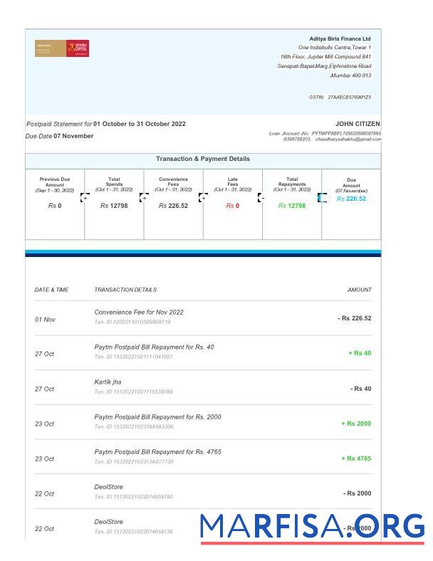 Printable India Aditya Birla Finance Ltd fake bank statement word 3 pages sample